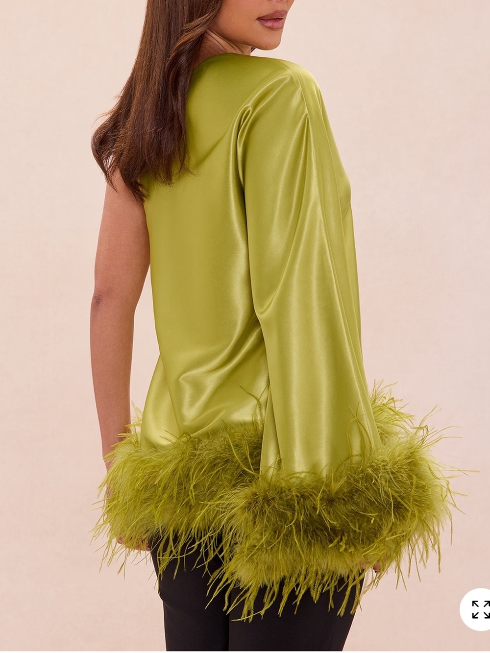 Fashion Nova One-Shoulder Lime Green Satin Feather Trim Blouse - Picture 3 of 14